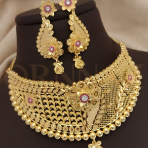 Heart Shape 1 Gram Gold Choker Necklace Set with Small Net Design