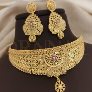 Half Flower Shape 1 Gram Gold Choker Necklace Set with Earrings