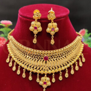 Indian Design 1 Gram Gold Choker Necklace Set with Flower Shape Earrings