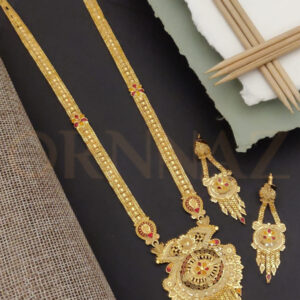 One Color Stone Gold Plated Long Haram Set with Earrings