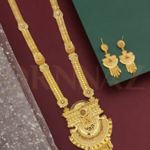 One Gram Gold Covered Temple Long Haram with Earrings