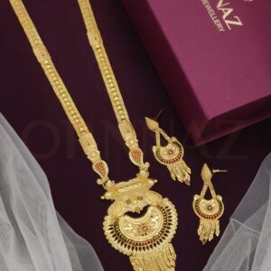 Unique 1 Gram Gold Plated Long Haram Set with Scroll Round Shape Pendant Design
