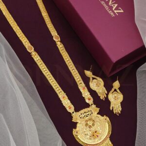 Traditional 1 Gram Gold Long Haram with Big Round Pendant Design