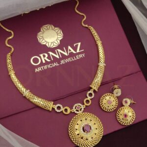 Big Round Pendant One Gram Gold AD Necklace Set