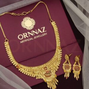 Ethnic Round Shape Pendant 1 Gram Gold Earrings Necklace Set