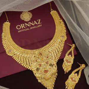 Designer Jhalar Shape Gold Forming Broad Necklace Set - O1G GN 130