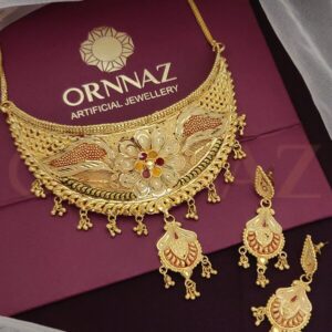 Double Flower One Gram Gold Choker Necklace Set with Earrings - O1G CNS 121