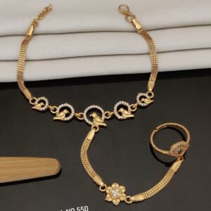 Traditional Gold Plated Pearl Hath Punja Bracelet with Ring for Women