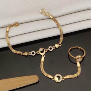 Traditional Gold Plated Hath Punja Bracelet with Ring for Women And Girls